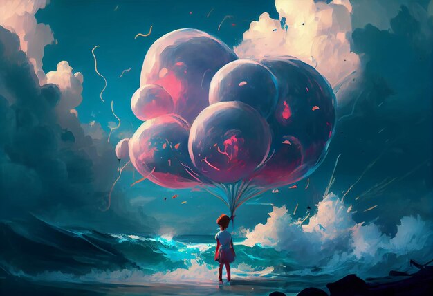 Digitale Illustration eines Kindes mit Luftballons, das vor einem Fantasy-Sturmmeer steht. Generieren Sie Ai