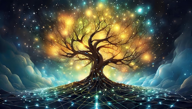 Digitale Illustration eines leuchtenden Baumes im Netzwerk