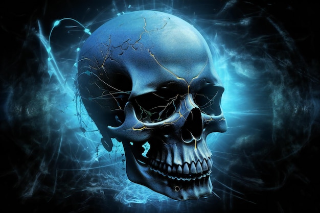 Digitale Illustration eines menschlichen Schädels auf farbigem Hintergrund mit Schwarz und Blau