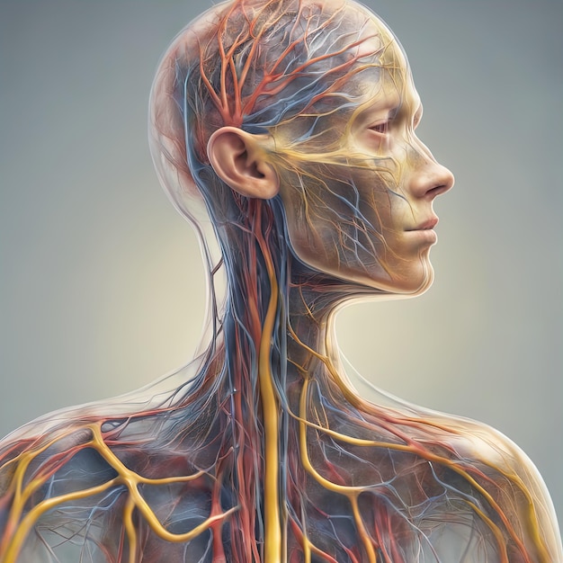 Digitale Illustration eines weiblichen Körpers mit Nervensystem und Gehirn, 3D-Illustration, digitale Illustration