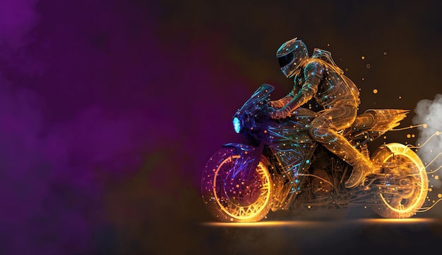 Digitale Illustration mit Lichtstreifen Silhouette von Biker und Sportmotorrad