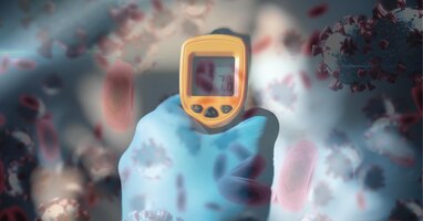 Digitale illustration von makro-covid-19-zellen, die mit einem elektronischen thermometer über einer person schweben. coronavirus covid-19 pandemiekonzept digitaler verbund