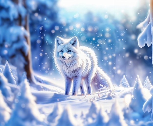 Digitale Illustration von süßem Arktis-Fuchs und fantasiöser Winterlandschaft