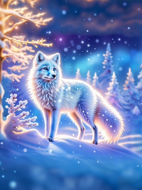 Foto digitale illustration von süßem arktis-fuchs und fantasiöser winterlandschaft