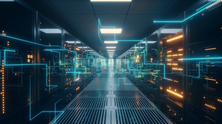 Foto digitale informationen werden über glasfaserkabel durch das netzwerk und die datenserver hinter glasscheiben im serverraum des rechenzentrums übertragen.