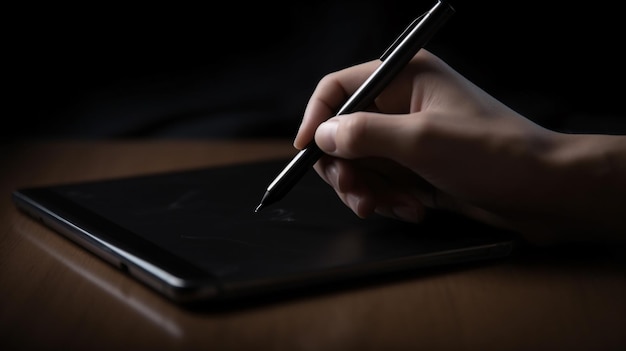 Digitale Kreativität Schreiben auf Tablet mit Stift in der Hand Generative KI