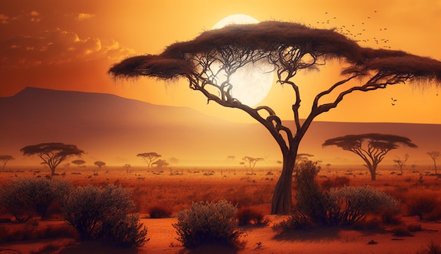 Digitale Kunst der afrikanischen Savanne mit generativer KI bei Sonnenaufgang oder Sonnenuntergang
