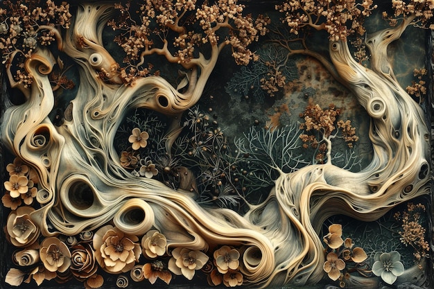 Foto digitale kunst, die wirbelnde holztexturen mit verflochtener flora darstellt