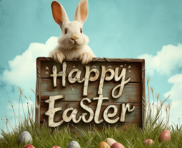 Digitale Kunst ein süßes weißes Kaninchen blickt über ein Holzschild, auf dem steht "Glückliches Ostern" perfekt für Ostern
