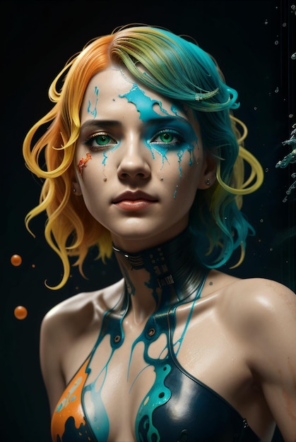 digitale Kunst einer blonden Frau in realistischem Stil mit Farbstücken in Grün, Gelb und Blau