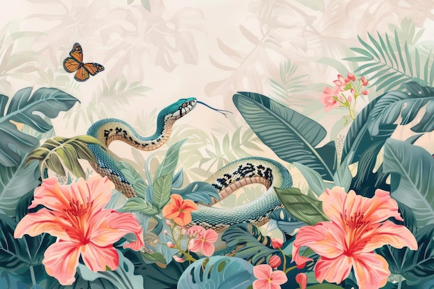 Digitale Kunst einer lebendigen Schlange zwischen tropischen Blumen, die auf exotische Wildtiere hindeutet