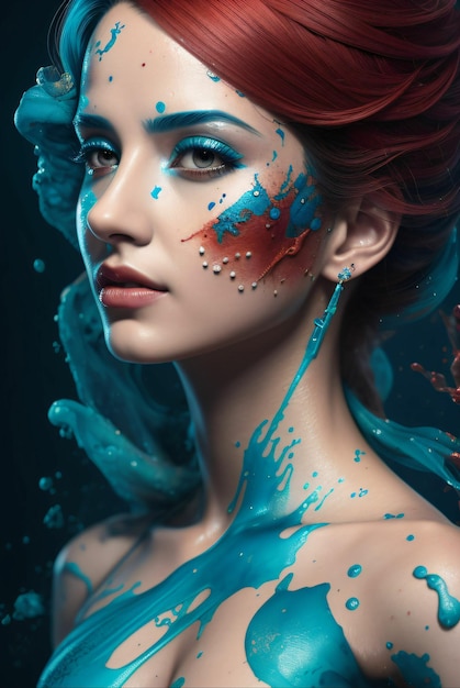 digitale Kunst einer sexy Frau im realistischen Stil mit Farbspritzern in verschiedenen Farben