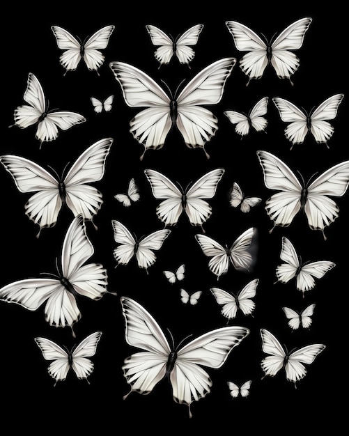 Digitale Kunst im gotischen Stil mit weißen kleinen Schmetterlingen auf schwarzem Hintergrund, KI generiert