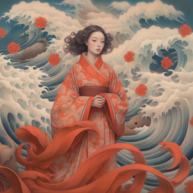 Digitale Kunst im japanischen Stil, moderne Ästhetik, minimalistischer Kimono, japanisches Mädchen
