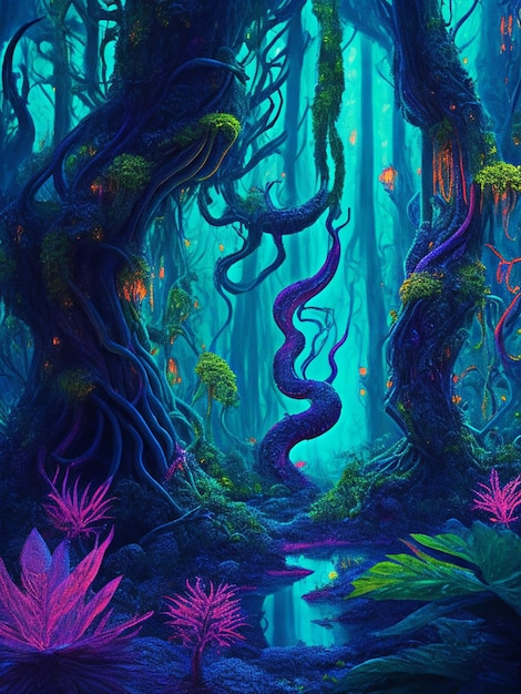 Digitale Kunst-Kollaboration von Luke Brown und Android Jones von Psychedelic Forest Swamp Plants Forest