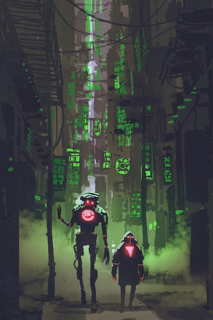 digitale Kunst mit Science-Fiction-Konzept von zwei Robotern, die in einer engen Gasse mit vielen grünen Lichtern spazieren gehen, Illustrationsmalerei