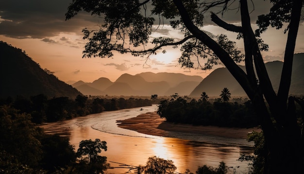 Digitale Kunst Schöne Mekong-Fluss-Thailand-Landschaftshintergrundansicht bei Dämmerungssonnenuntergang