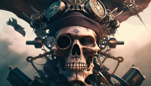 Digitale Kunstillustration des Steampunk-Schädelpiraten. Generative KI