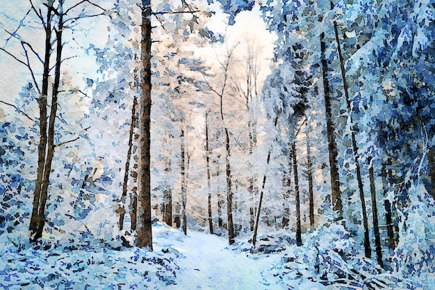 Digitale Kunstmalerei Leinwand schöne Winterlandschaft weißer und schneebedeckter Weg zwischen Bäumen in einem tiefen Wald an einem sonnigen und kalten Tag