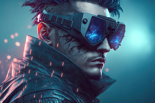 Digitale Kunstwerke von Scifi-Cyberpunk-Gangster-Charakter mit futuristischer Brille