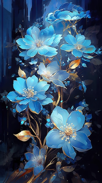 Digitale Malerei blauer Blumen, die im Dunkeln leuchten