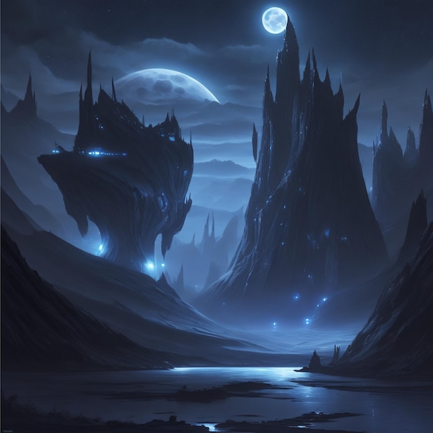 digitale Malerei einer Fotografie futuristischer Fantasy-Nachtlandschaft mit abstrakter Landschaft Mondlicht shi