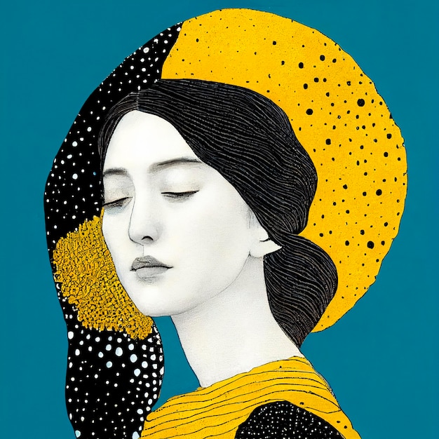 Digitale Malerei einer ikonischen Frau Punkte und Kreise hellgelb und blaugrüne Farbe schwarze Tinte künstlerischer Kartenhintergrund 3D-Illustration