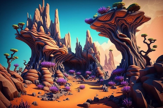 Digitale Malerei einer Wüste mit Felsen und Pflanzen, generative KI