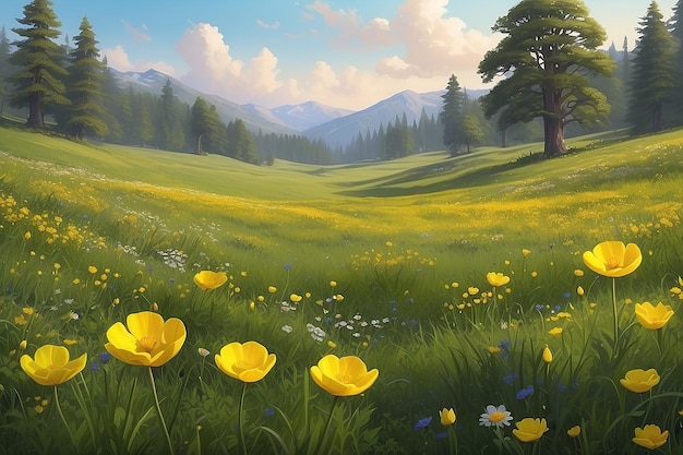 Digitale Malerei von friedlichen Wiesen mit lebendigen Buttercupblumen
