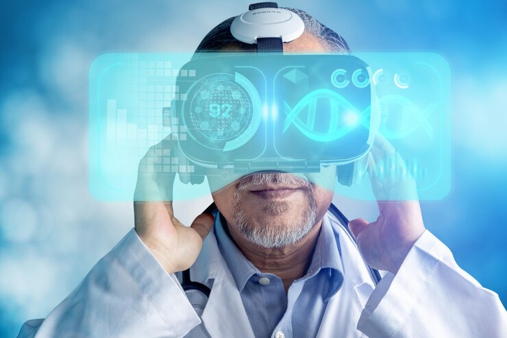 Digitale medizinische Gesundheit futuristische und globale Metaverse-Technologie, Arzt mit bester VR-Headset-Ausrüstung zur Überprüfung der inneren Organe des Patienten und des Chromosoms auf dem Bildschirm, zukünftiges Innovationskonzept