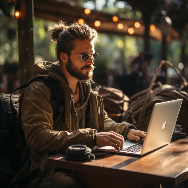 Foto digitale nomaden sind menschen, die frei reisen und gleichzeitig mithilfe von technologie aus der ferne arbeiten