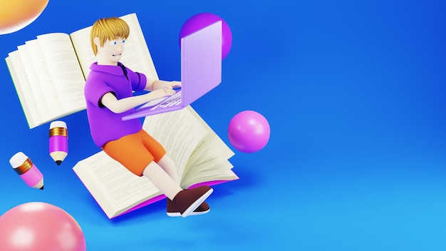 Foto digitale online-bildung. 3d von büchern und jungen, die notizbuch über das lernen am telefon, am computer spielen. soziales distanzkonzept. klassenzimmer online-internet-netzwerk.