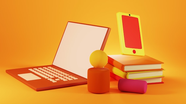 Digitale Online-Bildung. 3D von Notebook und Handy über das Lernen am Telefon.