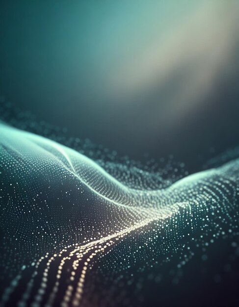 Digitale Partikel, die in der Abgrundwelle schwimmen, abstrakte Cyber-Technologie, desfokussierter Hintergrund