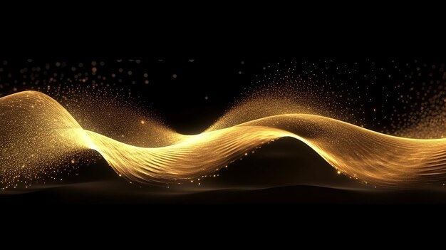 Digitale Partikel einer fließenden Welle goldener Farbe, generative KI