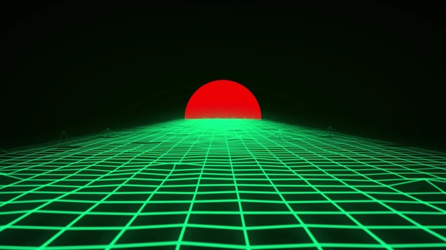 Digitale Retro-Landschaft mit roter Sonne im Stil der 1980er Jahre. Futuristisches Perspektivenraster. Retro-SciFi-Hintergrund der 80er Jahre. Albumcover oder Banner im Stil der 8090er Jahre. 3D-Rendering