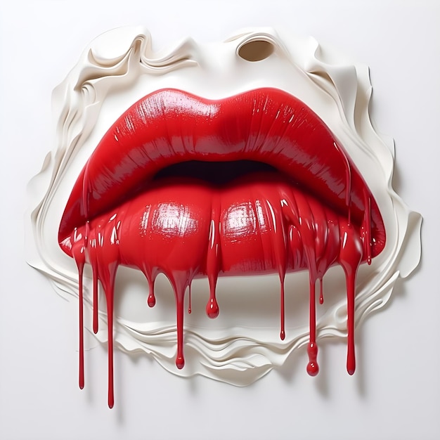 Digitale rot-rosa lustige Lippen auf weißem Hintergrund, Öl tropft aus offenem Mund