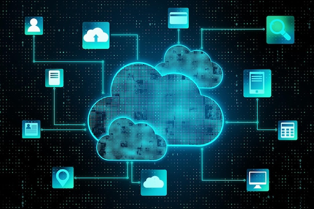 Digitale Schnittstelle des Cloud-Technologie-Service-Konzepts mit Cloud-Elementen und Service-Funktionszeichen 3D-Rendering