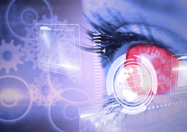 Digitale Schnittstelle mit Datenverarbeitung gegen Nahaufnahme des weiblichen menschlichen Auges