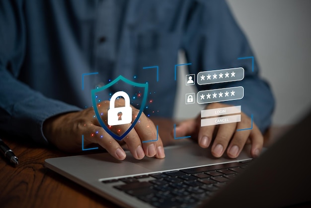 Digitale Sicherheit und Verschlüsselung Virtueller Bildschirm Anmeldung Passwort Online Datenschutz Netzwerk Cybersicherheitstechnologie Geschäftsmann mit Laptop-Computer