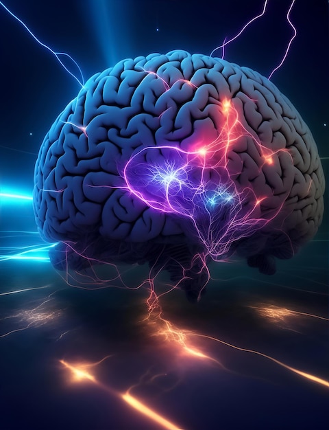 Digitale Technologie menschliches Gehirn mit blauen Hintergrundbeleuchtungseffekten und Technologiezubehör
