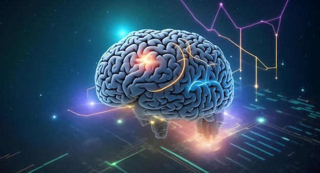 Digitale Technologie menschliches Gehirn mit blauen Hintergrundlichteffekten und Technologiezubehör