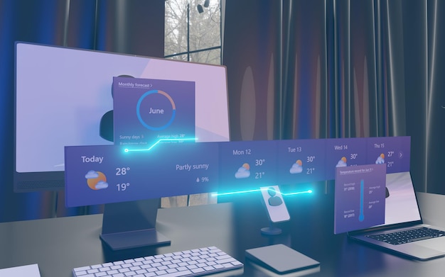 Digitale Trends und Wetterinformationen Illustration von Laptops, Mobiltelefonen und Computern im Aus-Modus