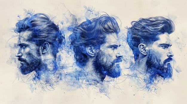 Digitale, von der Hand gezogene moderne Illustration, die Männer mit Haarschnitten, Bart und Schnurrbart zeigt