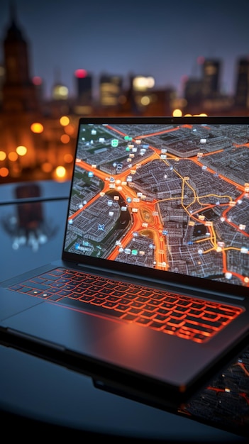 Digitale Wegweiser-Online-Karten auf dem Laptop, hervorgehoben durch vertikales Handy-Hintergrundbild mit Standortzeiger