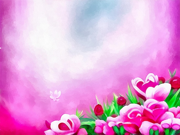 Digitale Zeichnung des Valentinstag-Naturhintergrunds mit rosa Blumen, die auf Papierstil malen