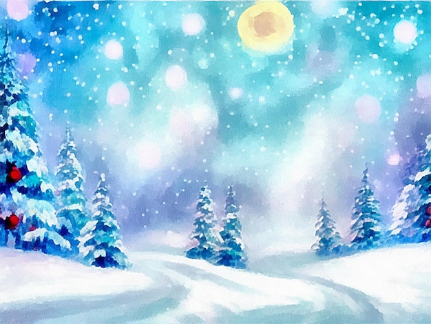 Digitale Zeichnung des Weihnachtsnaturhintergrundes mit Schnee- und Weihnachtsbäumen, die auf Papierart malen