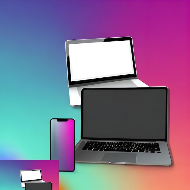 Digitaler Bildschirm-Mockup-Vektor mit Laptop und Smartphone mit gradienten Wallpapern Generativ