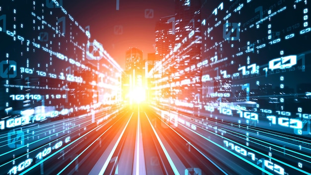 Digitaler Datenfluss auf der Straße im Konzept der cyberglobalen Kommunikation und Codierung mit grafischer Vision der schnellen Übertragung, um die disruptive Innovation der agilen digitalen Transformation zu zeigen