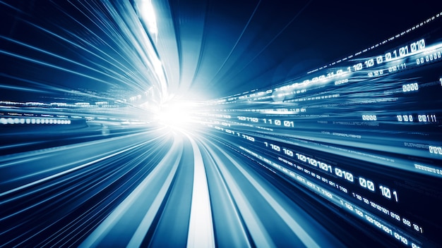 Digitaler Datenfluss auf der Straße im Konzept der globalen Cyber-Kommunikation und -Codierung mit grafischer Vision einer schnellen Übertragung, um agile digitale Transformation und disruptive Innovation zu zeigen.